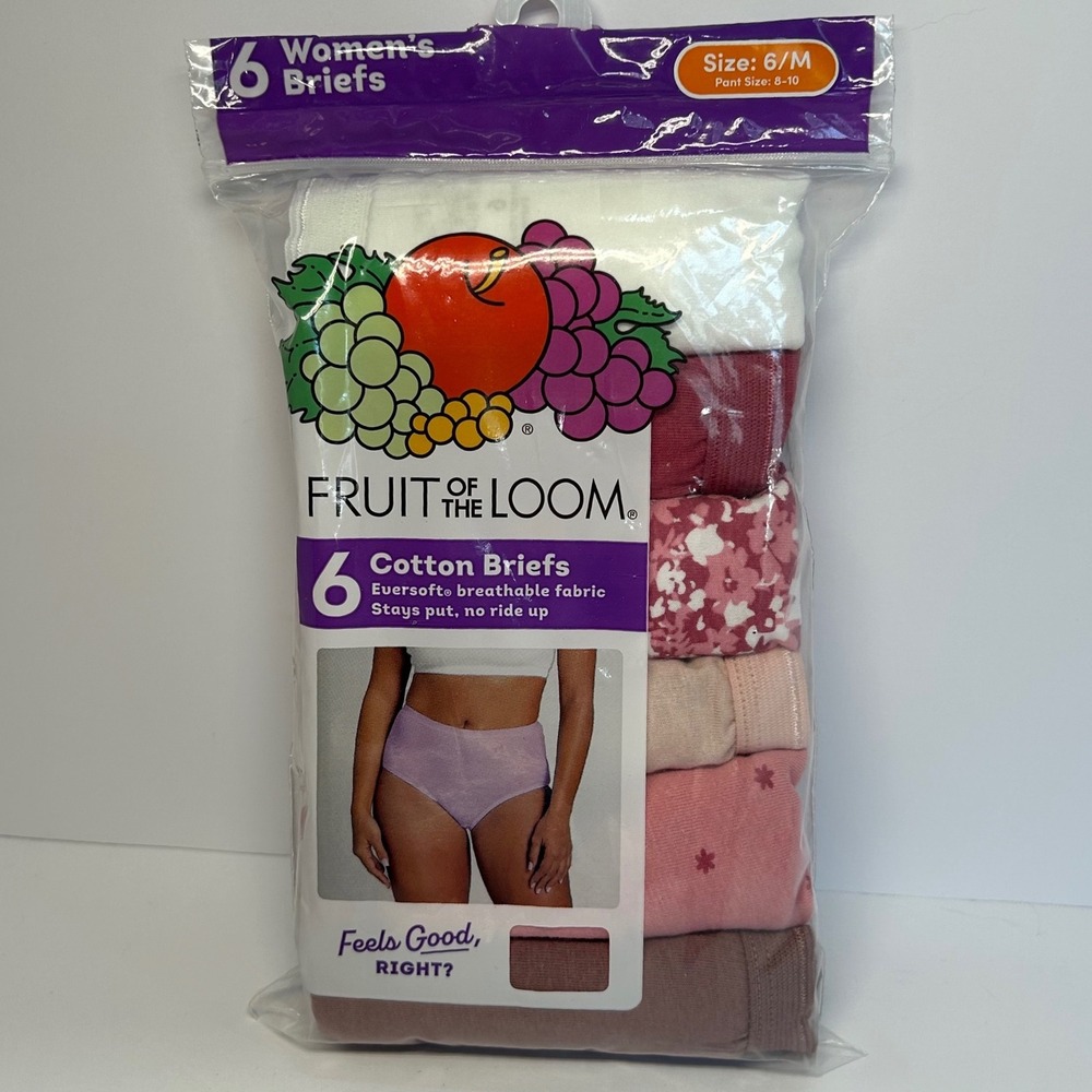 Fruit of the Loom Womens 6 Pack Cotton Briefs Eversoft Pink White Size 6 M New